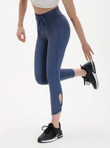 Eassivo Eassivo Women's Blue Twist Hollow Lace-Up Sports Leggings With Waist Tie - Dusty Blue - View 4