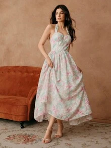 SHEIN Unity 女士浪漫优雅纹理串珠露肩束腰扎染长裙 - 粉色 - 查看 6