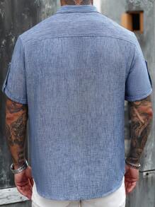 Manfinity Homme 男士双色休闲亚麻质感卷袖立领衬衫，夏季款 - 藍色 - 查看 2
