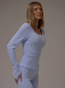 MUSERA 罗纹针织双拉链圆领长袖上衣，缝线细节设计，休闲、机场、居家、返校、冬季居家穿着皆宜 - 藍色 - 查看 3