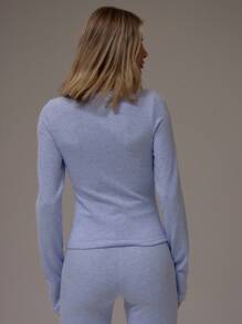 MUSERA 罗纹针织双拉链圆领长袖上衣，缝线细节设计，休闲、机场、居家、返校、冬季居家穿着皆宜 - 藍色 - 查看 4