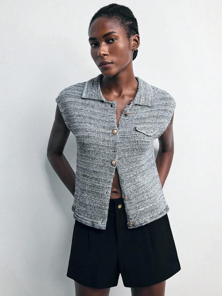 SHEIN Maija 넓은 숄더 칼라 메탈 버튼 장식 가디건 여성용, 초가을 개학 시즌에 적합 니트 탑 여성 여름 탑 여성 캡 슬리브 탑 여성 여름 작업 탑 비즈니스 캐주얼 탑 여성, 가을 여성용, 겨울 여성용, 겨울, 나이트 아웃, 외출 탑 여성, 나이트 아웃, 데이트 나이트, 올드 머니 스타일 여성 기본 탑, 교사, 할로윈, 개학 여성. 겨울 여성용, 겨울 여성용, 사계절