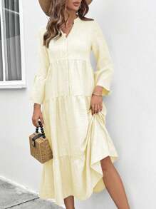 SHEIN LUNE Women's Notched Neck Single-Breasted Long Sleeve Casual Dress Maxi Women Outfit Fall Cloth For Women - Butter Yellow - View 6