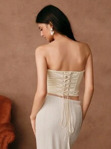 Savoree Beige Women's Hollow Embroidered Applique Decor Front Button Corset Fitted Waist Romantic Elegant Lace Trim Blouse