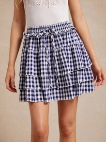 WESTFADE 褶皱格子高腰系带前分层荷叶边迷你裙夏季海滩度假 7 月 4 日