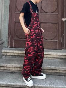 Manfinity Roghcode 男士迷彩图案口袋阔腿宽松休闲牛仔背带裤 - 紅色 - 查看 6