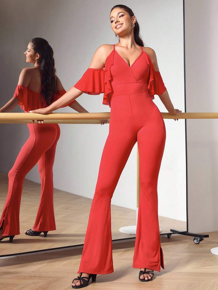 Menodora SHEIN Sport Bộ đồ liền thân khiêu vũ hở vai xếp nếp màu trơn - Đỏ - Xem 1