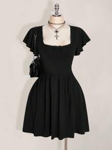 SHEIN PETITE CURVE Plus Size Black A-Line Mini Dress With Flounce Sleeves And Ruffle Hem For Fall Black Dress Fall,Wedding Guest Dress Women Black Dress Summer Black Western Dress Gothic Summer Clothes Witchy Dress Cute Black Dress - Black - View 8