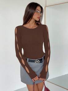 Siren Gaze 女士纯色镂空长袖休闲圆领T恤 - 咖啡棕 - 查看 4