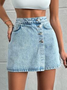 EURMUSE 100%Cotton LIGHT WASH BUTTONS DETAIL SHORT SKIRT - Light Wash - View 3