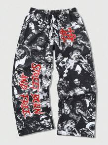 ROMWE MEN Street Life Herren Lässig Hose mit Slogan Aufdruck, geeignet für Frühling/Sommer - Schwarz - Übersicht 3