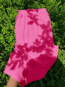 Comfortcana Quần ống rộng có dây rút eo cỡ lớn màu đỏ hồng cho nữ - Màu Hồng Tươi - Xem 5