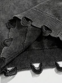 ROMWE MEN Grunge Punk Men's Casual Washed Distressed Crew Neck Knit Vest - Black - View 5