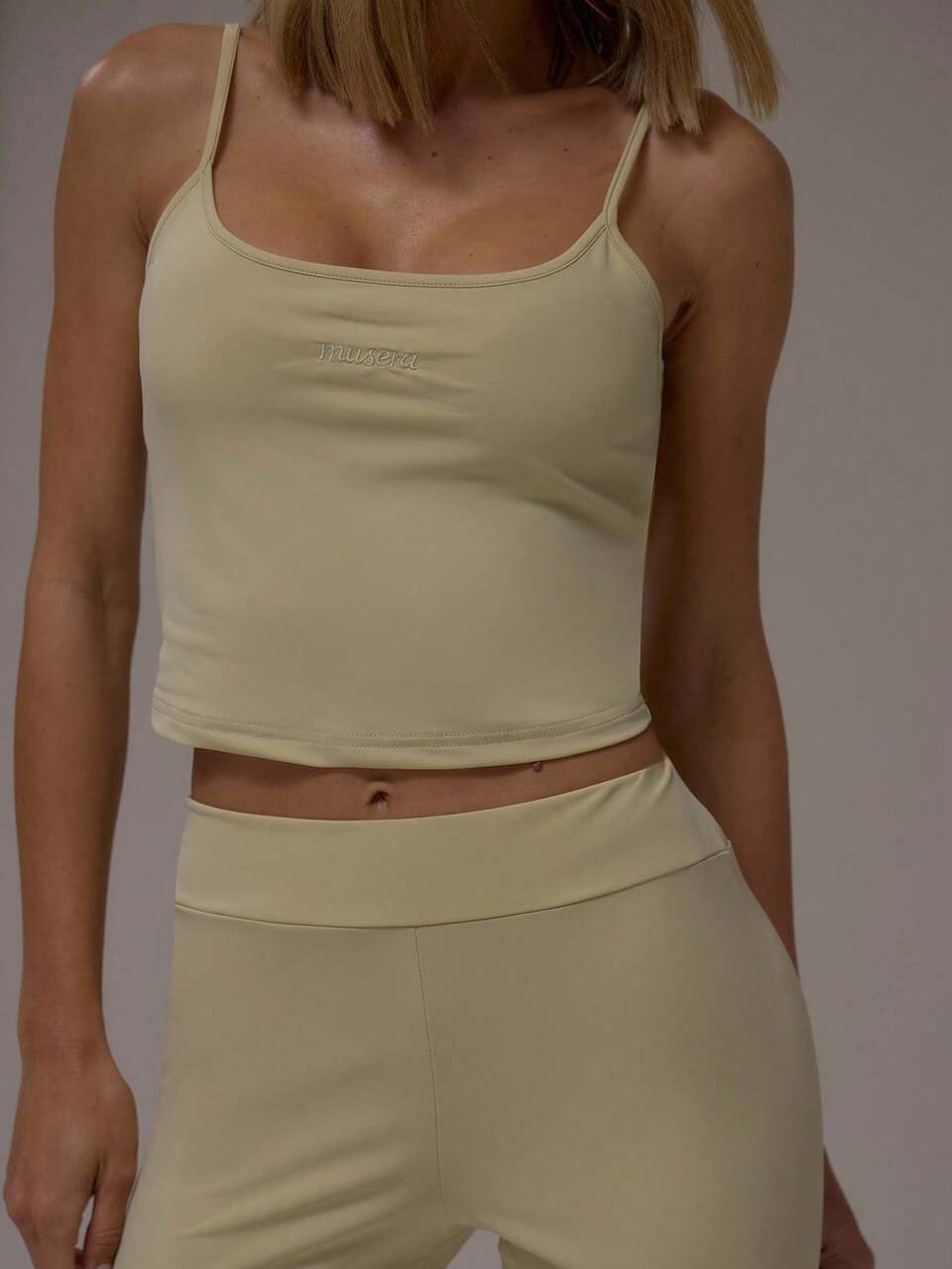 Sage Green Summer Athleisure Gymwear Seamless Cami Scoop Neck Embroidered Thin Strap Top High Waist Seam Free Leggings Two Pieces Set Pilates Outfit
