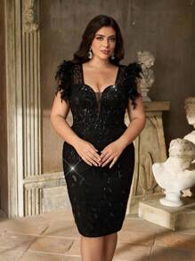 Aureia Elegancka, luksusowa, czarna, głęboko wycięta w serek sukienka mini z głębokim dekoltem w serek i piórkowym zdobieniem w talii, prześwitująca, dopasowana, wysoka talia, odpowiednia na randki, imprezy dla singli, ukończenie szkoły, wesele, koktajle - Czarne - Zobacz 3