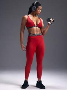 Powerista Sujetador deportivo casual con espalda descubierta y tirantes con letras para mujer - Rojo - Ver 6