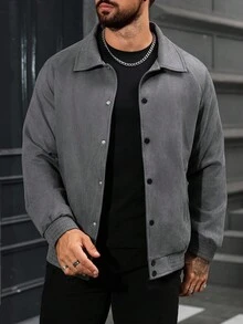 Manfinity Homme Chaqueta casual de ante de un solo pecho de unicolor con mangas raglán para hombre, gris con botones, para otoño/invierno - Gris - Ver 4