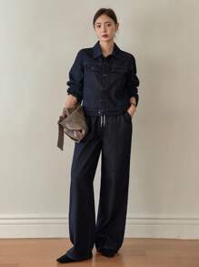 Dazy-Less Women's Loose Business Casual Cargo Style Denim Jacket And Pants Set With Large Pockets, Drawstring, Tie Waist, Autumn/Winter,Fall Women Clothes - Black - View 7