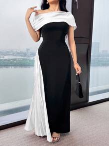 Modelyn 女士优雅连衣裙，撞色、不对称肩部、侧开衩、褶边 - 黑與白 - 查看 3