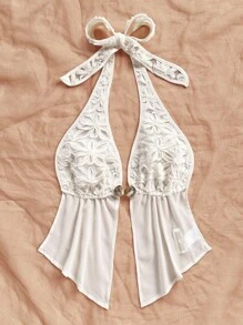 SHEIN WYWH 休闲女士性感时尚露背吊带上衣，饰有3D立体花卉图案和侧开衩设计 - 白色 - 查看 4