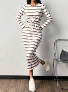 Pariaura 2025 Autumn New Collection: Women's Timeless Striped Dress – Round Neck For Effortless Grace, Cinched Waist To Flatter Curves, Adjustable Side Ties For Custom Fit, Flowing Long Silhouette (Mid-Calf To Ankle) With Elegant Allure. Perfect For Daily Outings, Workdays, Or Romantic Dates. Fall Cloth For Women