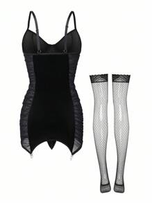 SHEIN 4pcs Set: Vintage Velvet Contrast Mesh Underwire Pleated Bodycon Skirt + G-String + 2pcs Mesh Stockings For Going Out, Baddie Look - Black - View 7