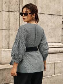 Calvaya Plus Size Women's Plaid Contrast Color Belt Waist Overlap V-Neck Puff Sleeve Mid-Sleeve Retro Elegant Blouse - Black and White - View 2