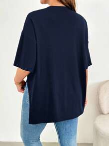 SHEIN Essnce Áo thun tay ngắn xẻ tà thời trang xuân hè rộng rãi thoải mái cho nữ cỡ lớn, kiểu dáng đơn giản, áo đi chơi, đồ mặc ở sân bay cho nữ, mùa hè châu Âu - Màu xanh hải quân - Xem 2