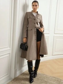 Aveloria Elegancki, rozkloszowany płaszcz z francuskim pasem i guzikami w kształcie rogu, długi, damski - Kolor khaki - Zobacz 3