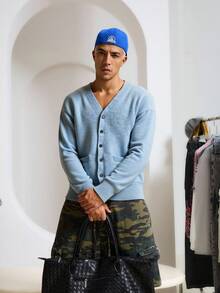 STEELVANCE Men's Solid Color V-Neck Drop Shoulder Long Sleeve Single-Breasted Pocket Casual Cardigan Sweater Back To School Everyday Comfort Thick Pocket Blue OVERSIZE Going Out , Fall Winter