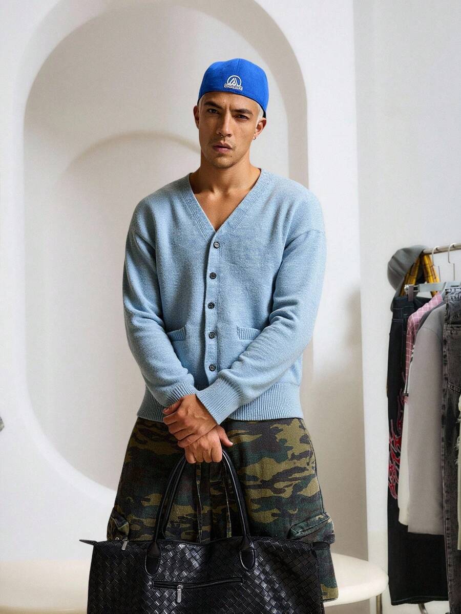 STEELVANCE Men's Solid Color V-Neck Drop Shoulder Long Sleeve Single-Breasted Pocket Casual Cardigan Sweater Back To School Everyday Comfort Thick Pocket Blue OVERSIZE Going Out , Fall Winter