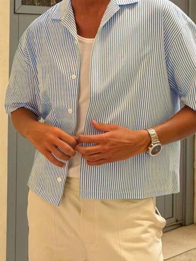 Manfinity Dauomo Men's Striped Short Sleeve Single-Breasted Casual/Business Shirt