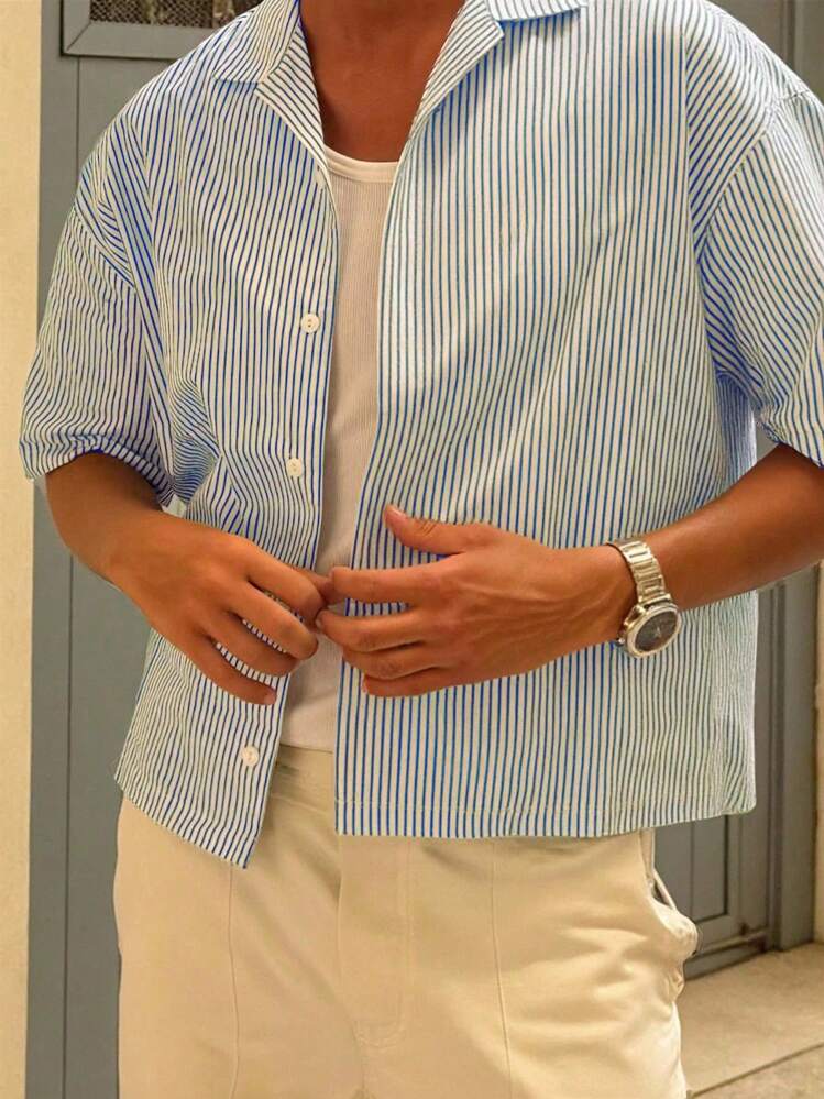 Manfinity Dauomo Camisa casual/de negocios de manga corta con rayas y abotonadura sencilla para hombre - Azul y blanco - Añade 1
