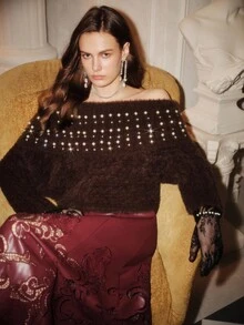 SHEIN Unity 1件优雅露肩仿皮毛毛衣夹克 - 咖啡棕 - 查看 4