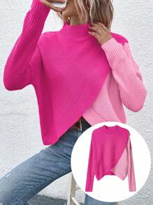 Calvaya 女士立领长袖拼接时尚舒适套头毛衣，长袖上衣 - 彩色 - 查看 7