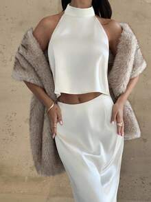 Firerie Fall/Winter Elegant Minimalist Khaki Beige Shawl Collar Faux Fur Sleeveless Jacket, Fashion Versatile Club Wear, Autumn/Winter Fall Women Clothes Elegant Party Coat Fall Outfits Women Winter Dresses For Women,Women's Fake Fur Coat, - Khaki - View 8