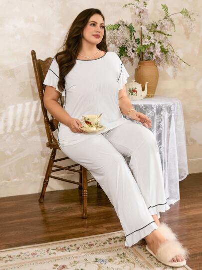 Côtesoire Plus Size Contrast Color Trim Splice Casual Comfortable Ribbed Loungewear Set, Outfits