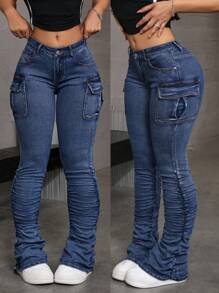 SHEIN Tall 女式休闲做旧斜口袋叠层牛仔裤 - 深色水洗藍 - 查看 3