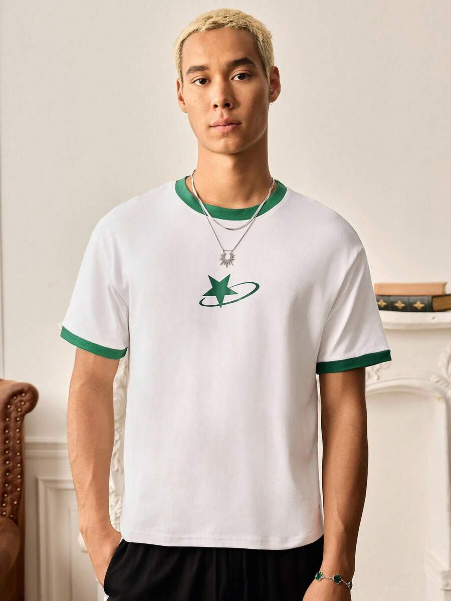 SWAVVY 男士休闲撞色星星印花 T 恤，夏季 - 白色 - 查看 1