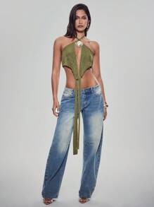 Denimoi Tie Front Cut Out Low Back Halter Top With Stone Necklace - Army Green - View 3