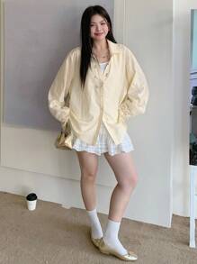 Dazy Plus Áo sơ mi vàng cỡ lớn dành cho nữ có cổ, tay rộng, họa tiết ren và sọc tương phản, áo dài tay mùa thu - Màu vàng - Xem 6