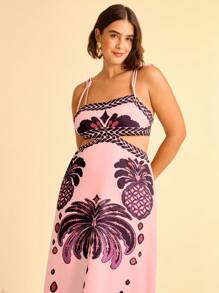 CAJUNI 女式波西米亚风香蕉树和菠萝印花镂空腰后绑带无袖粉色连衣裙，假日休闲夏装 - 粉色 - 查看 4