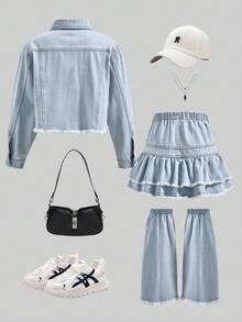 青春期女孩三件套：破洞牛仔夹克、休闲牛仔裙和喇叭牛仔腿袖 - 街头风格 - 淺色水洗藍 - 查看 2