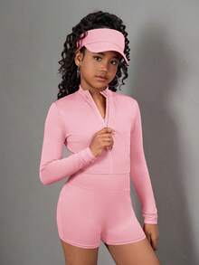 SHEIN Girlism Bộ 3 món áo thun dài tay cổ khóa kéo, áo vest và quần legging cho bé gái tuổi teen - Trang phục thể thao - Hồng - Xem 3