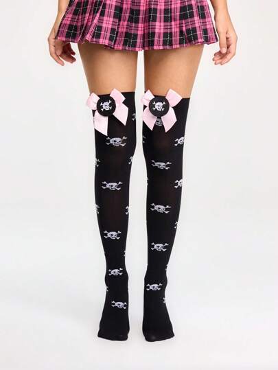 Grunge Punk Gothic Skull Print Bowknot Over-The-Knee Socks, Y2K Punk Street Style Fashion Thigh High Socks Suitable For Party, Gathering, Social Occasions, Halloween