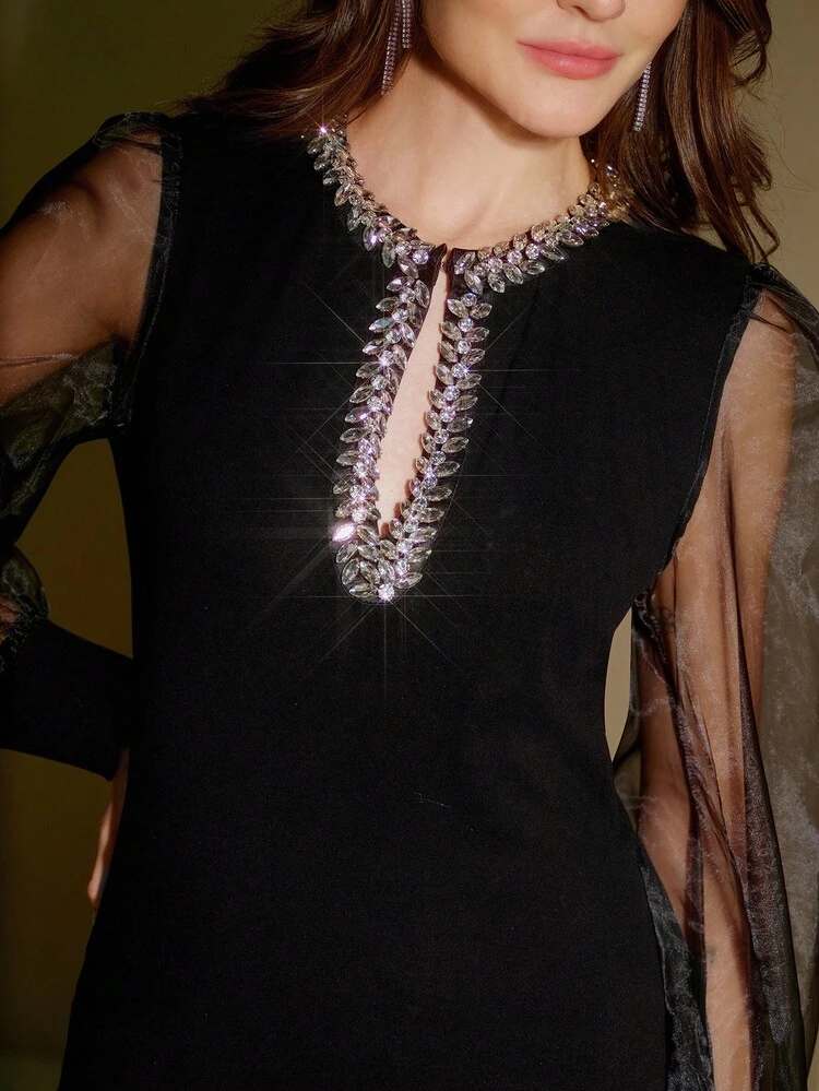 Women's Black Knit Patchwork Chiffon Long Sleeve T-Shirt, Rhinestone Chain Hollow Neckline, Elegant & Versatile Autumn Top