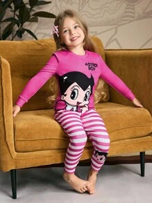 Astro Boy X SHEIN 2 peças/Conjunto Camiseta de Manga Longa com Gola Redonda e Estampa Fofa de Menina Cartoon & Letra e Legging Listrada, Pijama Casual e Confortável, Primavera/Outono
