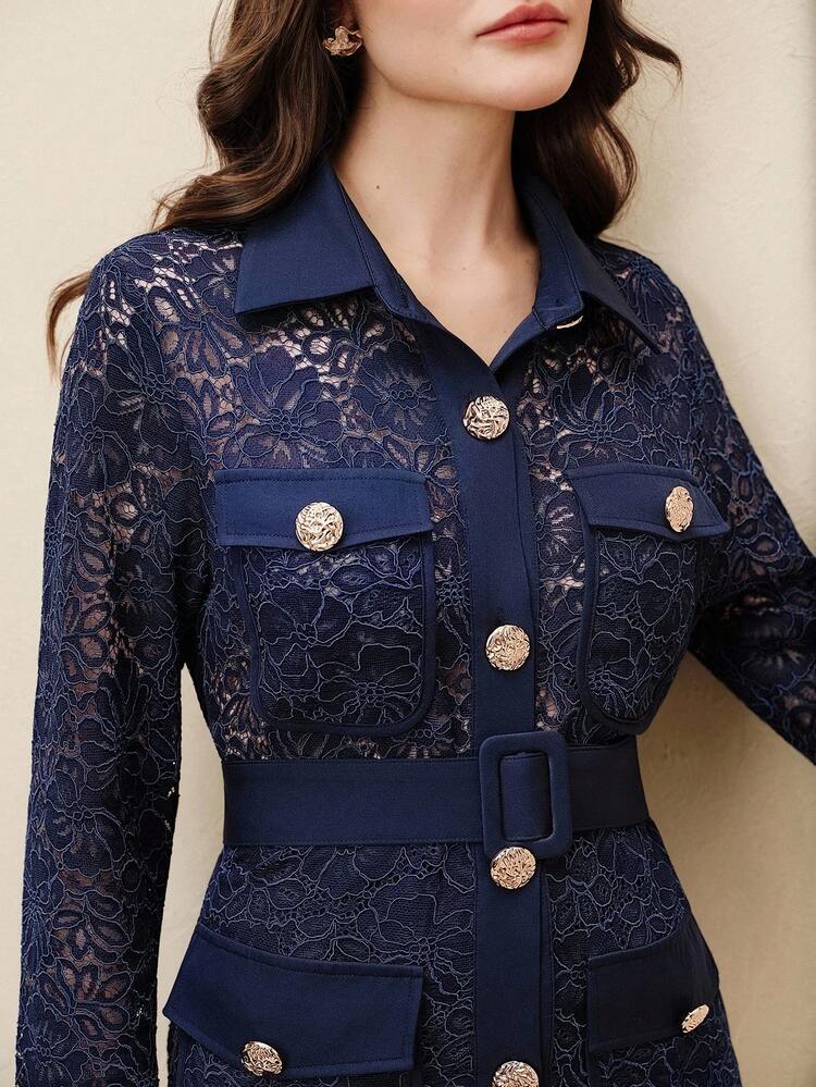 Women's Lace Hollow-Out Elegant Office Wear Long Sleeve Blazer & Pants Suit, Spring/Summer