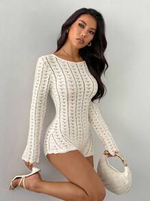 SHEIN PETITE 秋冬女士性感纯色镂空露背针织连体衣 - 彩色 - 查看 1