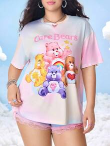 SHEIN X Care Bears Plusstorlek Dam Casual Söt T-shirt med Batikmönster, Söt och Nedsänkt Axel, Sommar, Plusstorlek - Multifärgad - Visa 2